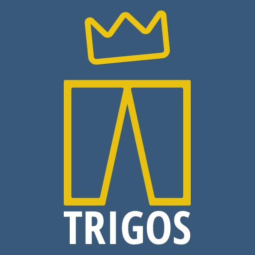 Das Logo stellt den Umriss einer Hose und darüber einer Krone ab in der Farbe gelb. Der Hintergrund ist blau.