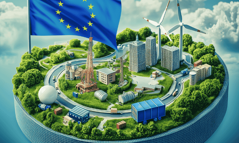 Ein stilisiertes Modell, das eine nachhaltige europäische Wirtschaftslandschaft darstellt. Im Zentrum steht die Europäische Flagge, umgeben von Symbolen für erneuerbare Energien wie Windräder, sowie Gebäuden, Industrien und grünen Wäldern. Um die Sze